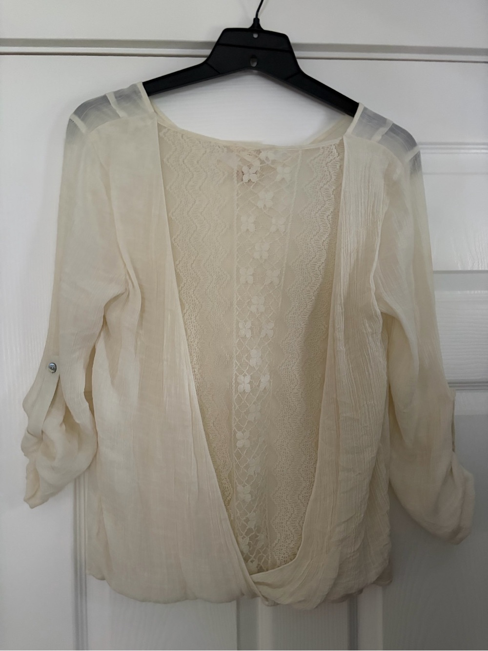 Light Cream V-Neck Roll-Tab Blouse with Lace Hem